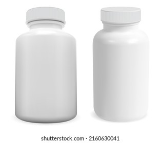 White plastic pill bottle mockup. Supplement package, cap. Vitamin capsule, medical remedy can, small prescription cylinder pack. Realistic drug packaging template illustration