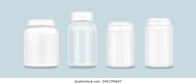 White plastic pill bottle mockup. Realistic 3d vector illustration set of vitamin or supplement jar template. Closed package container for medicine with cap. Pharmacy cylinder packaging canister.