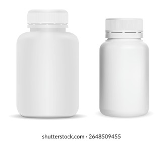 Garrafa de pílula de plástico branco. Conjunto de jarros de suplemento, mockup de vetor. Farmácia pacote de pílula cilindro ilustração. Frasco de comprimidos de cápsula de medicamento, antibiótico de prescrição médica