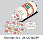 White plastic pill bottle tipped, spilling vibrant colored tablets.