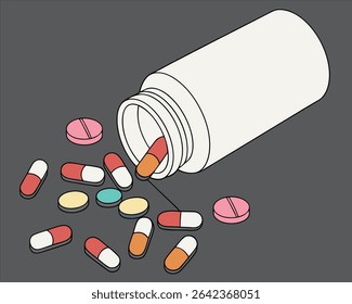 White plastic pill bottle tipped, spilling vibrant colored tablets.