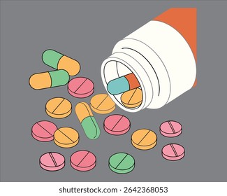 White plastic pill bottle tipped, spilling vibrant colored tablets.