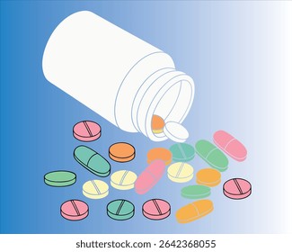 White plastic pill bottle tipped, spilling vibrant colored tablets.