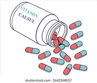 White plastic pill bottle tipped, spilling vibrant colored tablets.