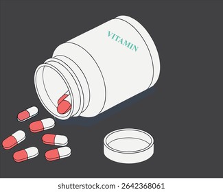 White plastic pill bottle tipped, spilling vibrant colored tablets.