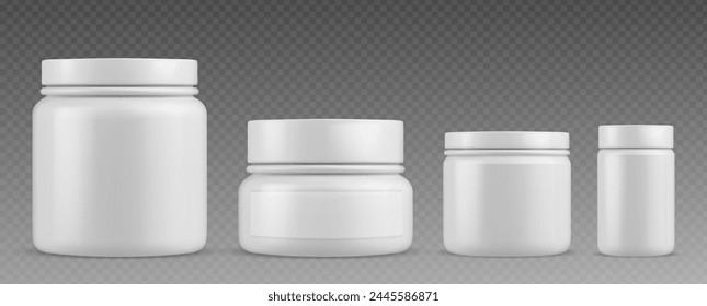 White plastic pill bottle for vitamin supplement. 3d blank medicine container vector mockup. Medical capsule or powder can design with empty label for prescription. Realistic sport protein canister