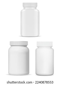 White plastic pill jar template. Vitamin supplement bottle blank. Pharmaceutical tablet or capsule container mockup, vector design isolated on white background. Large and small medicament packaging