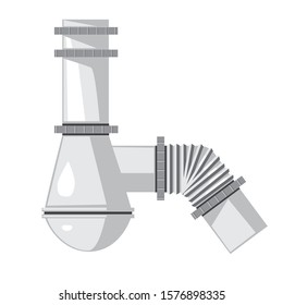A white plastic pipe with accordion and water sludge isolated on a white background for design. A vector single stock illustration for a plumbing company or master services