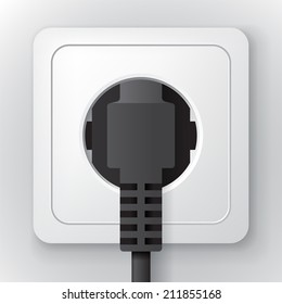 White plastic power socket with black plug on the wall, clear 3d illustration