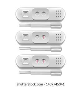 White Plastic Pregnancy Test With Stick Set Vector. Device Allowing Determine Signs Of Pregnancy Woman At Early Stage. Positive Negative Result On Medicine Equipment. Realistic 3d Illustration