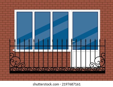 white plastic pvc window with door and balcony with black metal balcony rail, front view. isolated on a red brown brick wall background. Cartoon style flat design. Eps 10