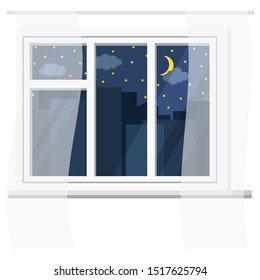 White plastic room window frame with glass, windowsill, curtains, urban night view with sky, stars, clouds, crescent, silhouettes of city buildings in cartoon style. Vector flat design illustration.