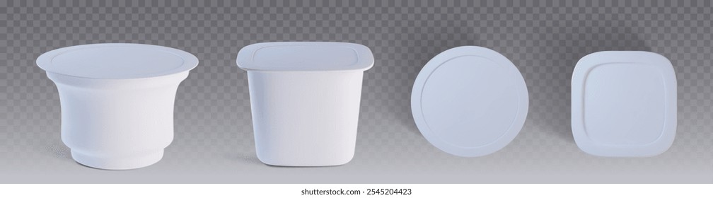 White plastic round and square yogurt package mockup side and top view. Realistic 3d vector set of sweet milk food container. Blank template of closed package for dairy product branding and promo.