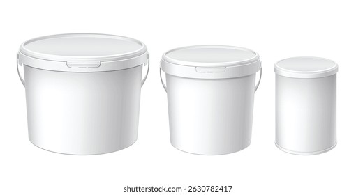 White plastic set bucket with White lid. Product Packaging For food, foodstuff or paints, adhesives, sealants, primers, putty. MockUp Template For Your Design. Vector illustration.