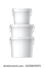 White plastic set bucket with White lid. Product Packaging For food, foodstuff or paints, adhesives, sealants, primers, putty. MockUp Template For Your Design. Vector illustration.