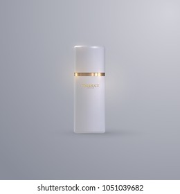 White plastic shampoo or shower gel bottle with cap and golden ring. Cosmetics product mockup. Packaging design. Vector beauty illustration.