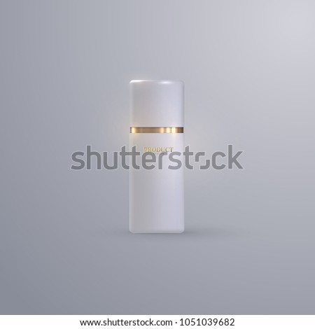 White plastic shampoo or shower gel bottle with cap and golden ring. Cosmetics product mockup. Packaging design. Vector beauty illustration.