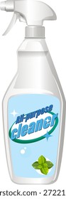 Botella de spray de plástico blanco con etiqueta azul, hojas de menta, estilo de Vector limpio, fondo aislado