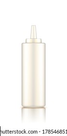 Weiße Plastikflasche aus dem Glas pressen, mit Verschlusskappe aufziehen. Blank-Food-Sauce Mayonnaise-Paket für Restaurant oder Fast Food. Produktcontainer-Vorlage. Isolierte 3D-Vektorgrafik