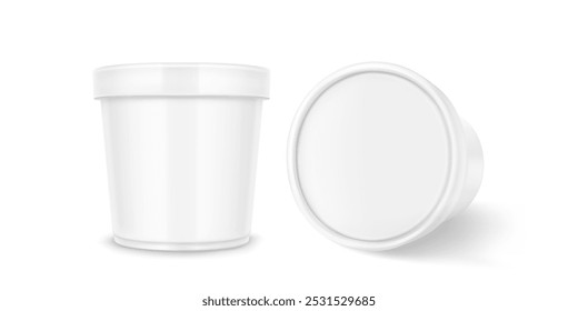 White plastic standing and lying container for ice cream or yogurt storage. Realistic 3d vector illustration set of frozen dairy product bucket mockup. Bank template of milk dessert food package.