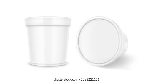 White plastic standing and lying container for ice cream or yogurt storage. Realistic 3d vector illustration set of frozen dairy product bucket mockup. Bank template of milk dessert food package.