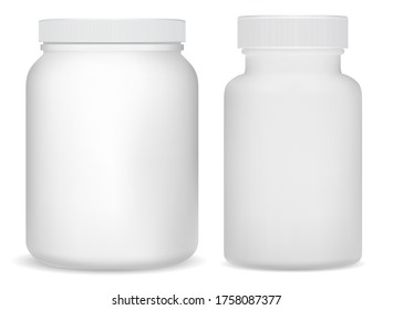 White Plastic Supplement Bottles. Sport Jar For Whey Protein Powder. Vitamin Drug Cylinder Tube 3d Design. Nutritional Tablets Packaging. Aspirin Medicine Canister. Bodybuilding Shake Can