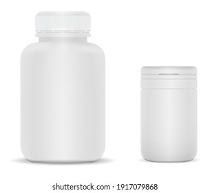 White plastic supplement jar. Vitamin bottle vector blank, 3d cylinder package. Large pharmaceutical pill pack. Round tablet tube, empty matte plastic can, realistic aspirin medication packaging