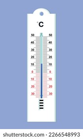 White plastic thermometer (Celsius) on blue background. Vector realistic illustration