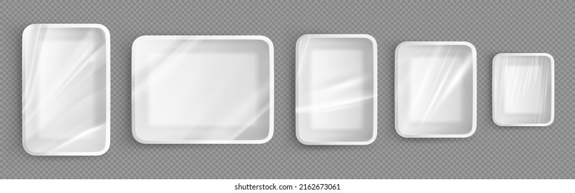 White plastic trays for food, empty styrofoam containers with transparent film wrapper. Vector realistic mockup of 3d polystyrene package for lunch, meal and fresh products