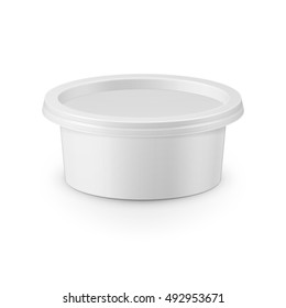 White plastic tub container for cream cheese, spread, margarine, butter, cottage cheese, isolated on white background. Packaging collection.