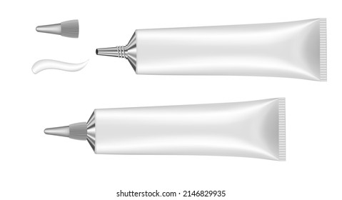 White plastic tube with long nozzle. Cream splash. Serum or ointment. Gel. Vector illustration isolated on a white background. 3d	