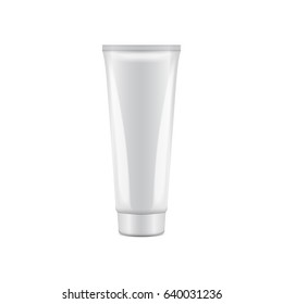 White plastic tube with round cap. Vector packaging mock up template. Front view for your design