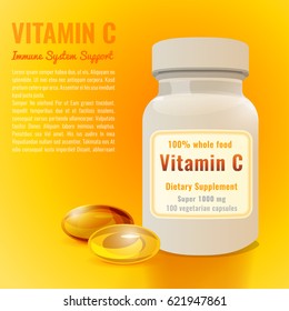 White plastic vitamin C package with glossy capsules. Beautiful vector illustration in bright colours on yellow background. Pharmaceutical and apothecary image