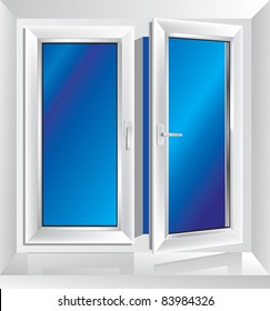 white plastic window ajar with blue color in the background