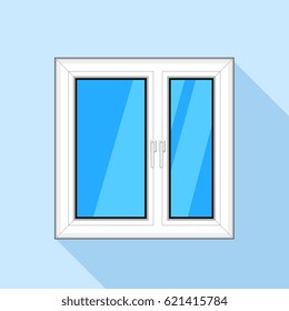 White plastic window with blue sky glass icon. Flat illustration of white plastic window with blue sky glass vector icon for web
