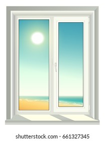 White plastic window and blue sky. Vector illustration