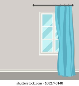 White plastic window with curtains on wall.