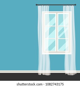 White plastic window with transparent curtains on wall.