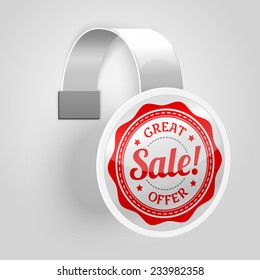 White plastic wobbler with red sale label, isolated on grey background with place for your design and branding. Vector