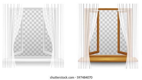 White Plastic and Wooden window frames with curtains on a transparent background. Vector