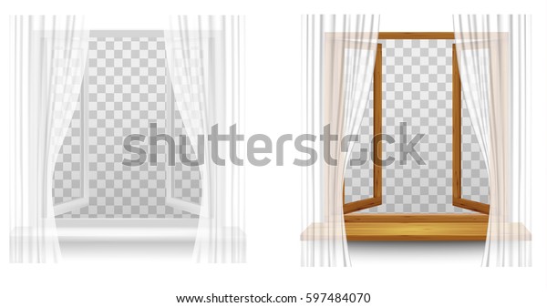 透明な背景に白いプラスチックと木の窓枠とカーテン ベクター画像 のベクター画像素材 ロイヤリティフリー