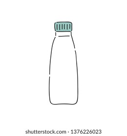 White plastic yogurt bottle, doodle drawing of blank dairy liquid packaging with green cap. Healthy beverage for diet, simple hand drawn icon, isolated vector illustration on white background.