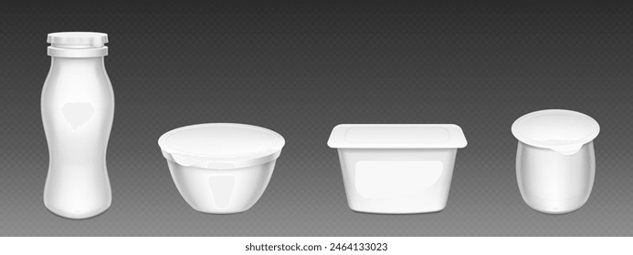 White plastic yogurt or cream cup package mockup. 3d blank yoghurt pot container with lid mock up. Empty round dairy food isolated bottle. Closed glossy yougurt packaging with clear brand label set