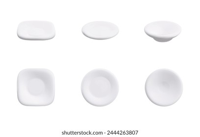 Conjunto de iconos de estilo 3D de placa blanca. Plato de comida de plástico, porcelana o cerámica, plato de sopa y utensilios de cocina de forma cuadrada. Ilustración de renderizado de Vector de utensilios de cocina para comer aislado