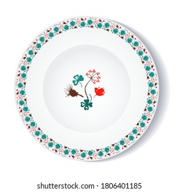 White plate with color floral patterns. Vector illustration