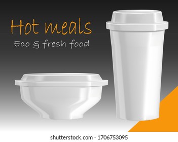 White plate and cup with lids. Dishes for fast food. Vector illustration of food containers.