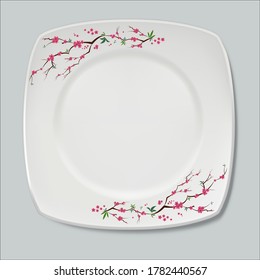 White plate design. Sakura typography. Decorative vector illustration for plates and other utensils
