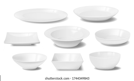 White plate, dish and food bowl realistic mockups of vector dishware and tableware. Empty clean ceramic or porcelain dinner plates, square and round crockery, restaurant and household kitchenware