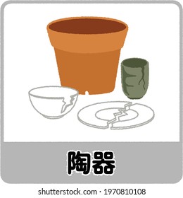 White plate, dish, glass and pottery  of vector dishware and tableware. Text means :pottery". 