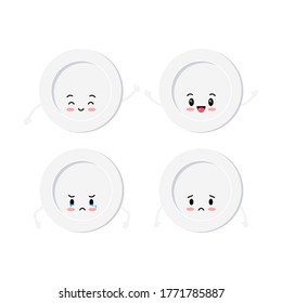 White plate emoji set isolated on a white background. Top view ceramic serving plate emoticons. Vector flat design cartoon kawaii style illustration.